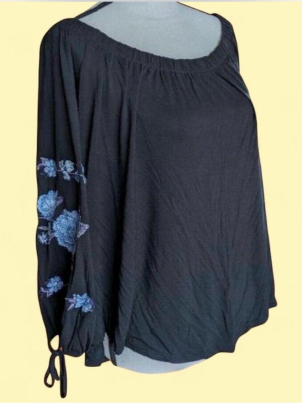 Black Off-Shoulder Blouse with Blue Floral Sleeve Embroidery